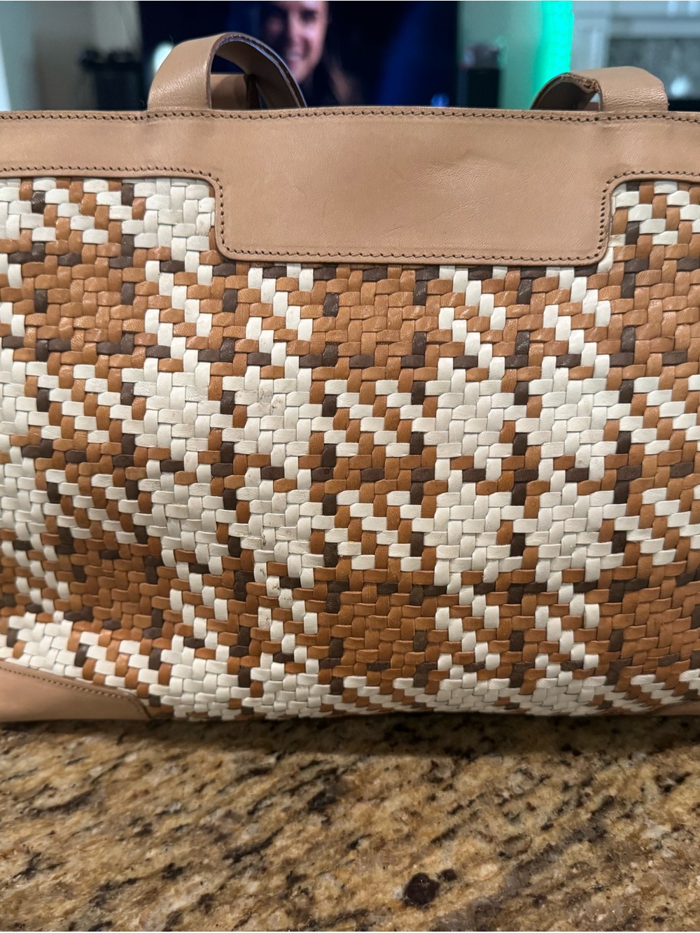 Woven Leather Tote Bag in Tan and White